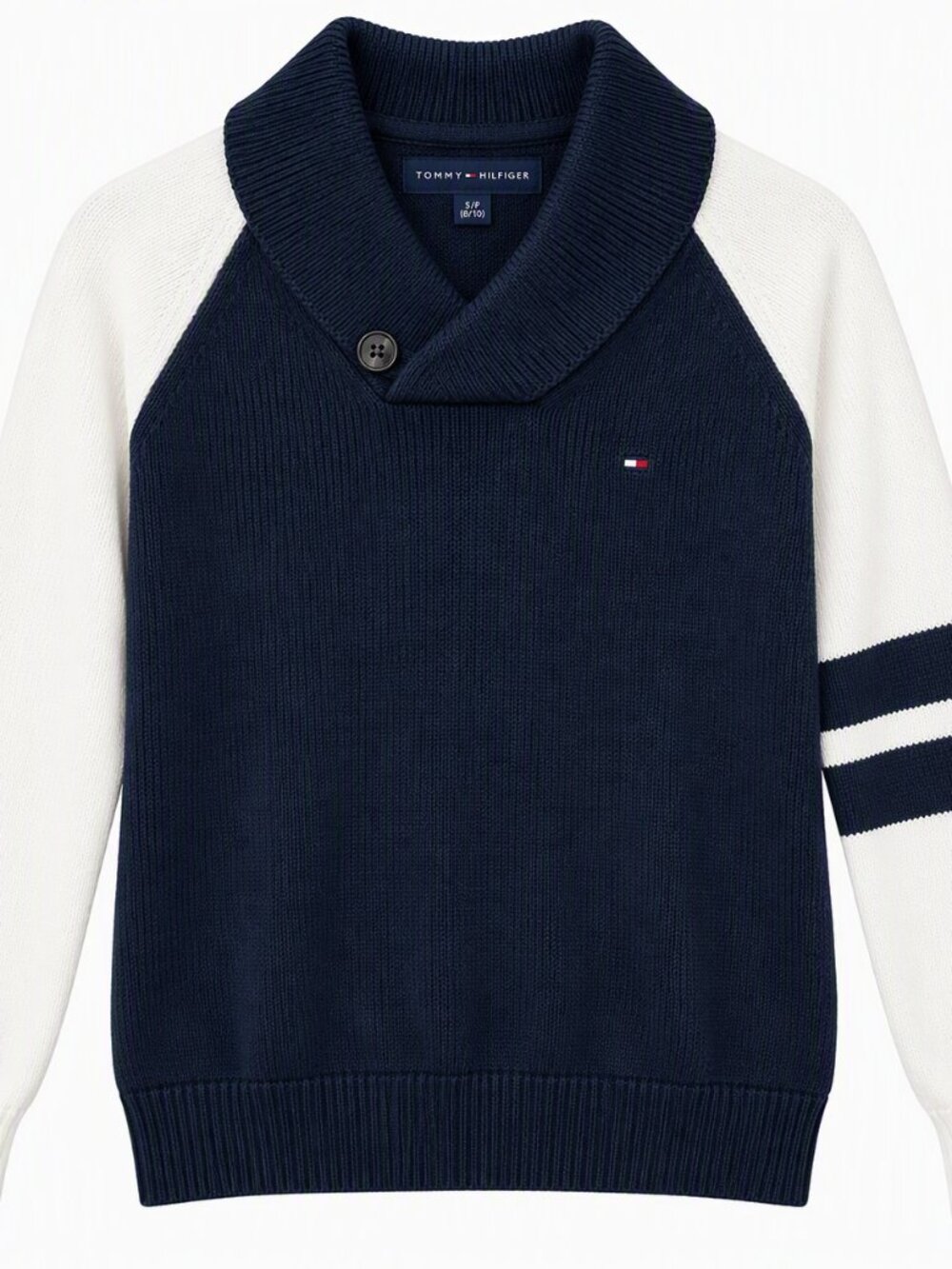 Tommy Hilfiger Sweater Women S/P 8/10 Navy White Shawl Collar Knit Pullover Logo